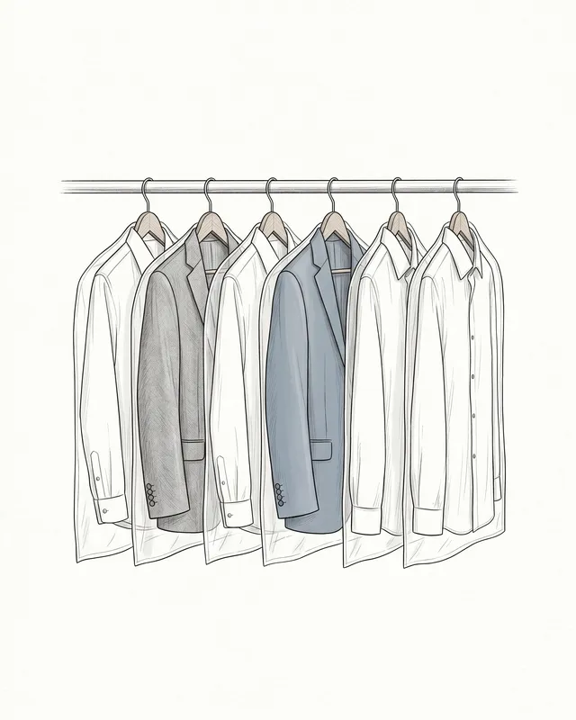 A row of freshly cleaned garments under sheer covers on a dry cleaner's rail, hand-drawn illustration