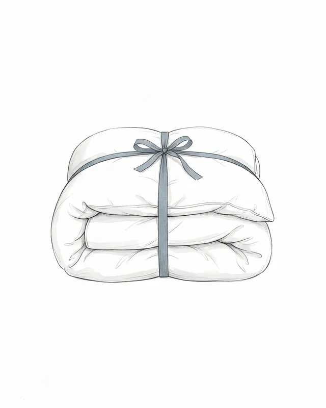 A plush folded duvet tied with a ribbon, hand-drawn illustration