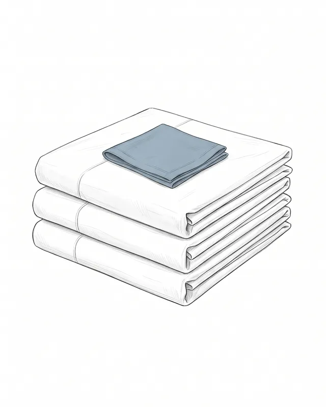 A neat stack of crisply folded bed linens with a folded napkin on top, hand-drawn illustration