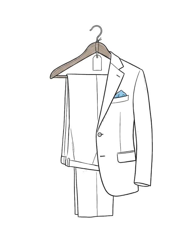 A tailored two-piece suit on a wooden hanger