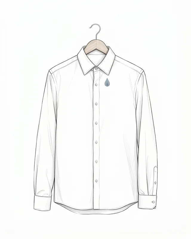 A freshly cleaned white dress shirt on a wooden hanger with a water droplet, hand-drawn illustration